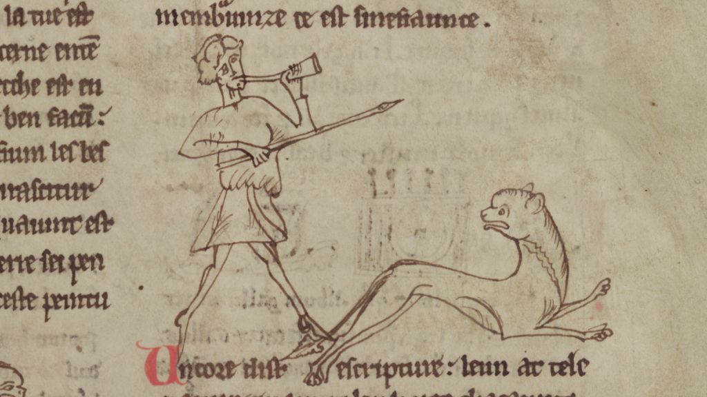 An illumination of a hunter chasing a lion in Merton College, MS 249, f. 2r.