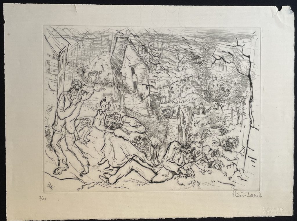 Drypoint etching showing a scene in a city. In the foreground multiple emaciated people writhing in agony, behind them a graveyard with the corpses of people succumbed to the disease, foul fumes and flies in the air all around them.