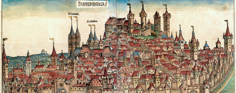 Coloured woodcut of the cityscape of Nuremberg