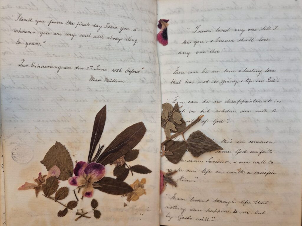 A double-page spread from Georgina Müller’s diary featuring short entrys and with dried flowers