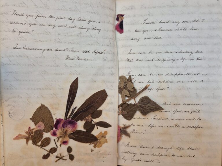 A double-page spread from Georgina Müller’s diary featuring short entrys and with dried flowers
