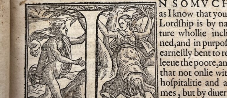 A close-up photo depicting a page from the MS Douce 2016: "The discoverie of witchcraft" by Reginald Scot, published in 1584. The photo shows the initial oversized decorative capital letter "I" as printed on the first page of an introduction to the book, addressing Sir Roger Manwood.