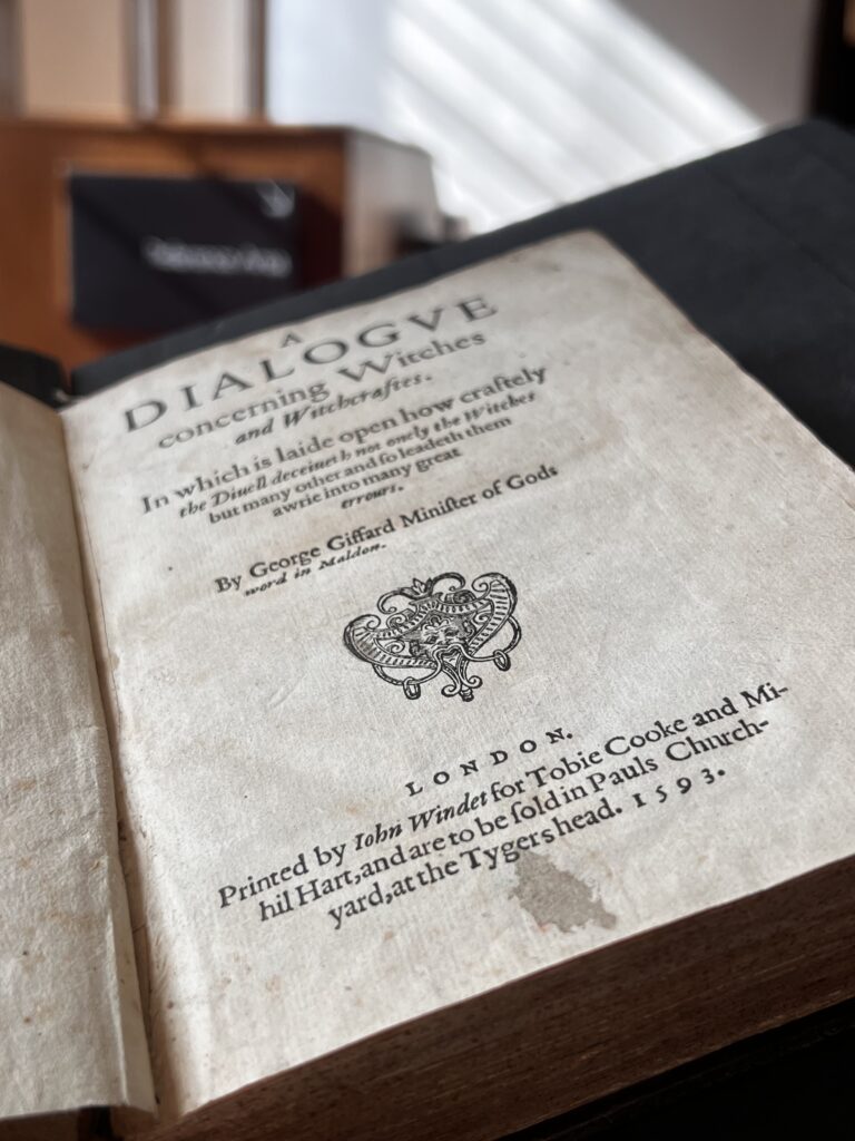 A photo showing the front matter of MS Ashmole 547 (1): "A dialogue concerning witches and witchcraftes" by George Gifford and published in 1593.